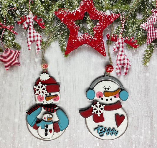Snowman Ornaments - Set of 2 wood ornament cutouts, unpainted ready for you to finish