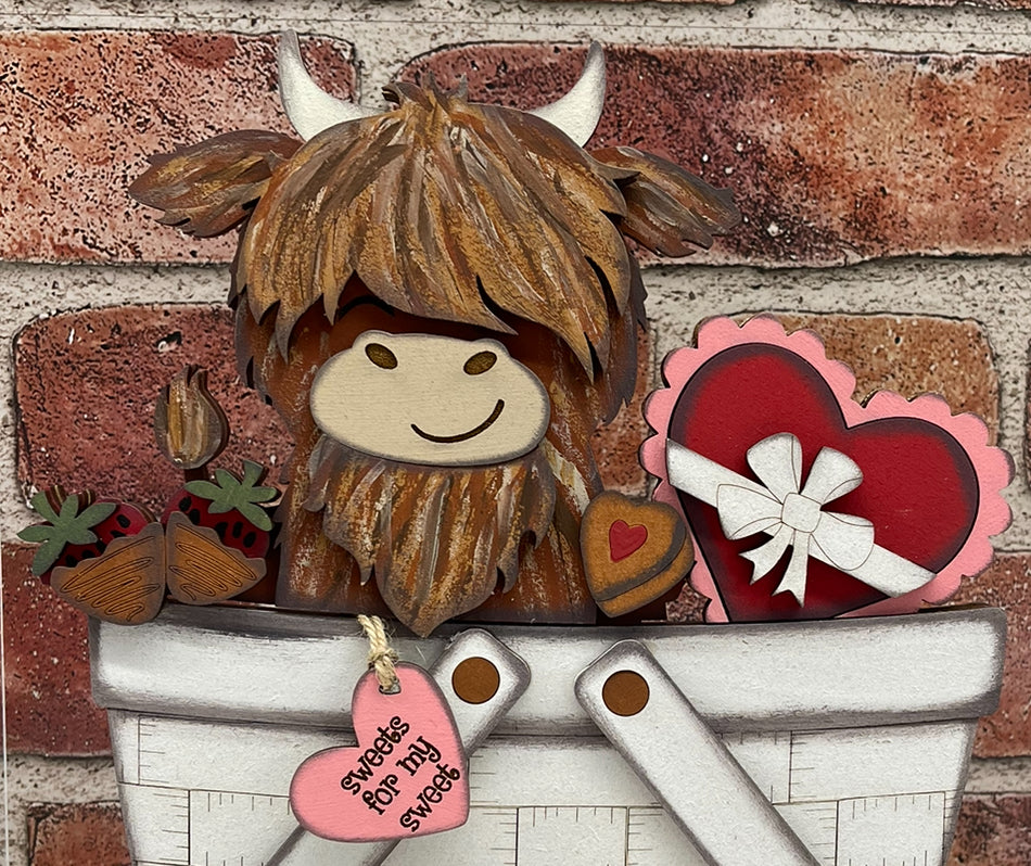 Valentines Highland Cow Basket insert cutouts unpainted ready for you to finish