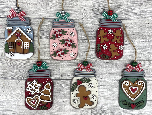 $12.00 Tuesday - Gingerbread Mason Jar Ornaments - set of 6 cutouts ready for you to finish - truck sold separately