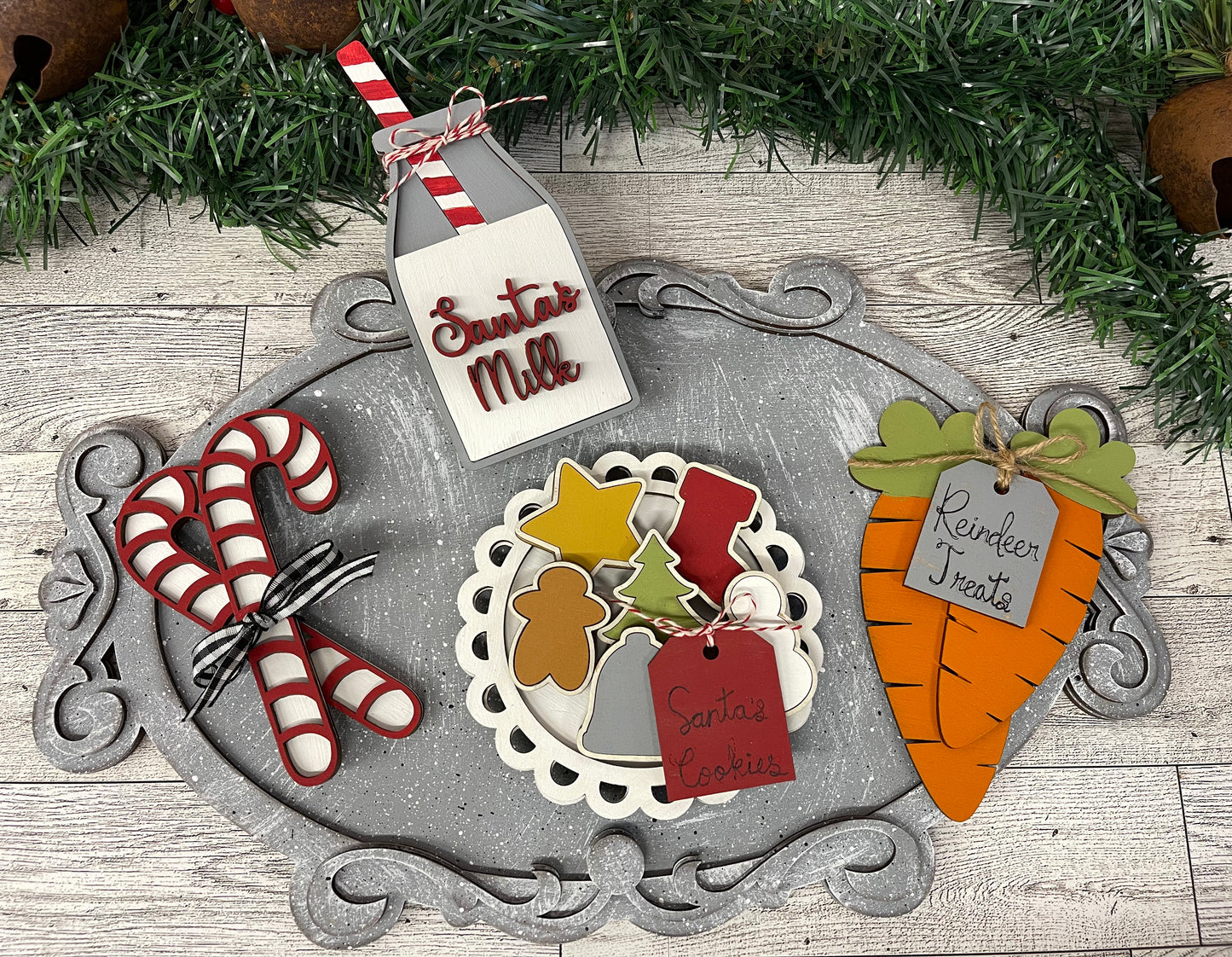 Santa’s Tray wood cutout with wooden cookies, milk, carrots and candy canes cutouts, unpainted ready for you to paint