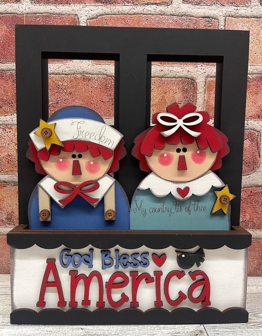 Prim Raggedy Ann & Andy Patriotic - Insert for Changeable Window Box unpainted wood cutouts, ready for you to paint