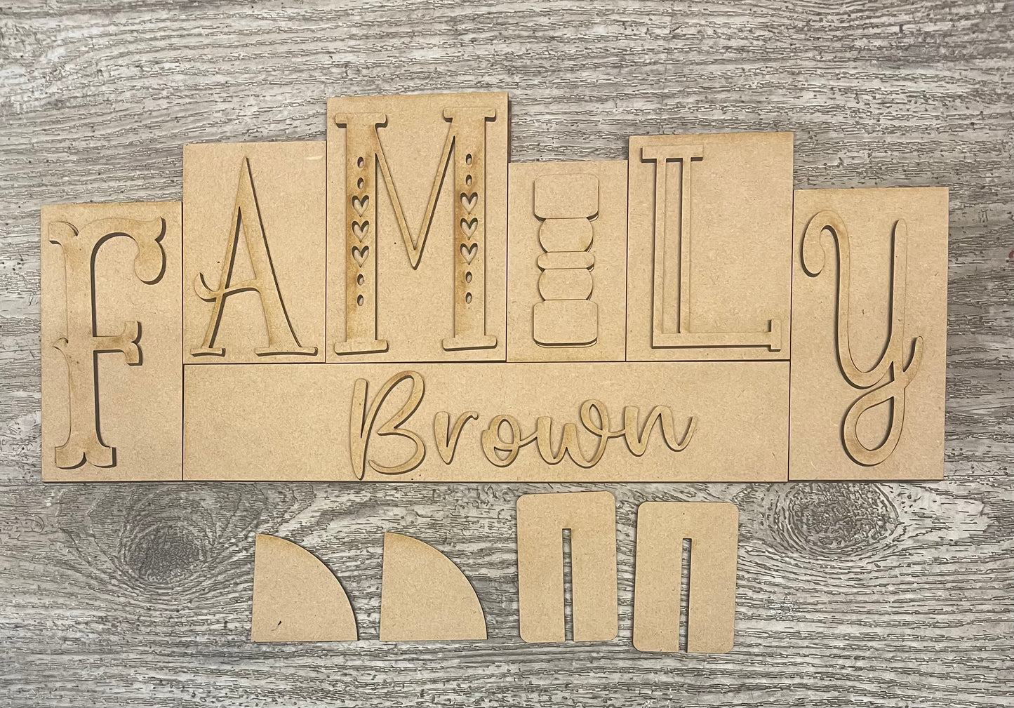 Family word kit - wood pieces, unpainted wood cutouts, ready for you to paint, scrapbook paper is not included