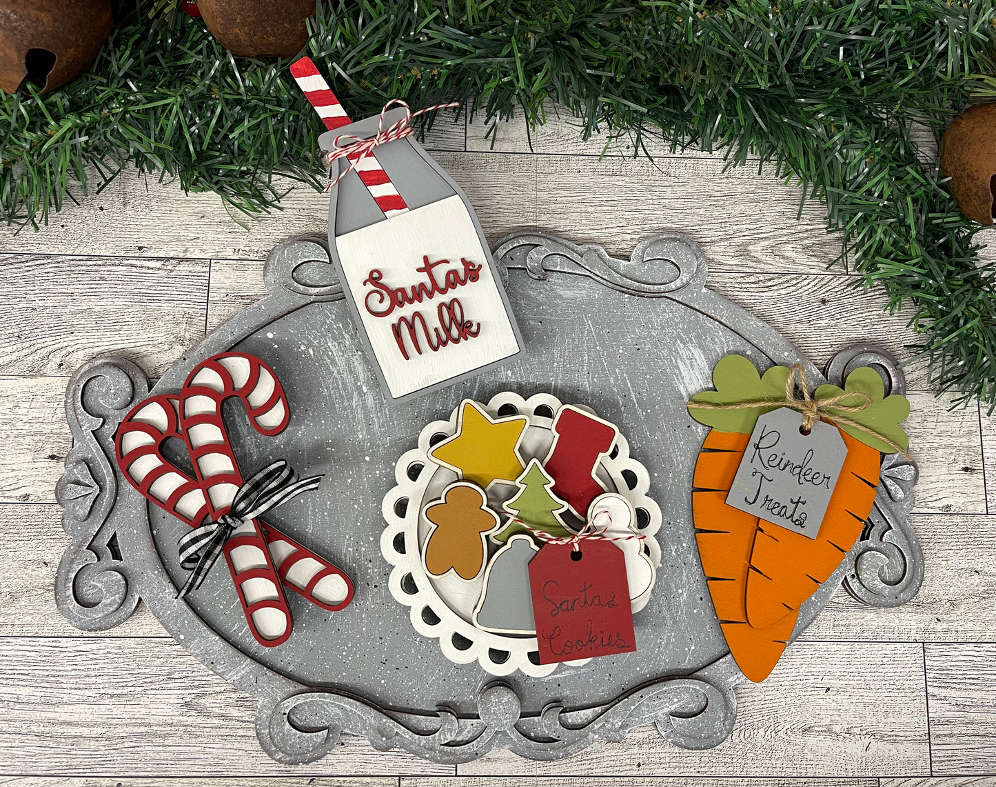 Santa’s Tray wood cutout with wooden cookies, milk, carrots and candy canes cutouts, unpainted ready for you to paint