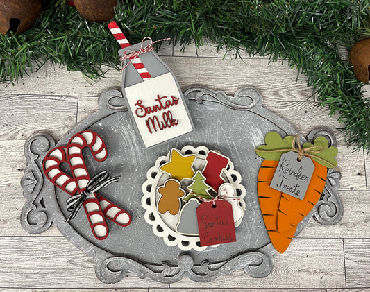 Santa’s Tray wood cutout with wooden cookies, milk, carrots and candy canes cutouts, unpainted ready for you to paint