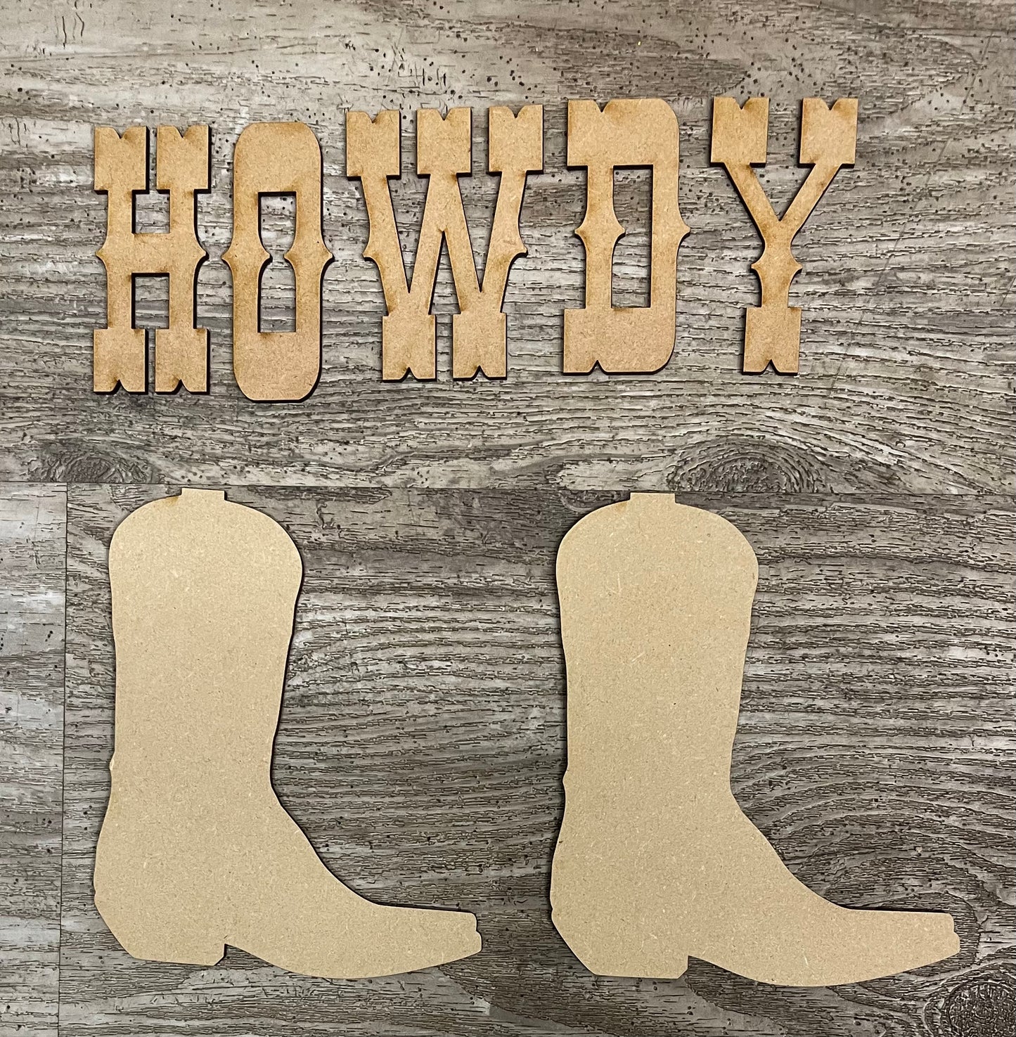 2 Cowboy boot and Howdy cutouts only- unpainted wooden cutouts, ready for you to paint