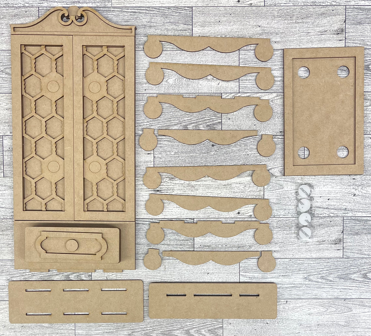 Single Sided Cottage Cabinet Base - unpainted wooden cutouts, ready for you to paint