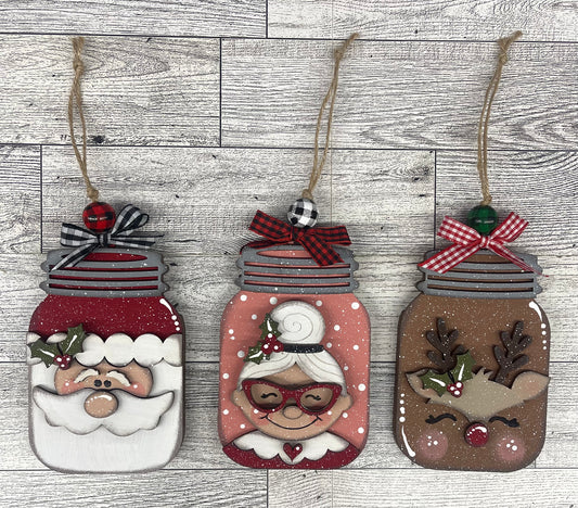 Santa, Mrs. Claus and Reindeer Mason Jar Christmas Ornaments Set of 3 unpainted cutouts
