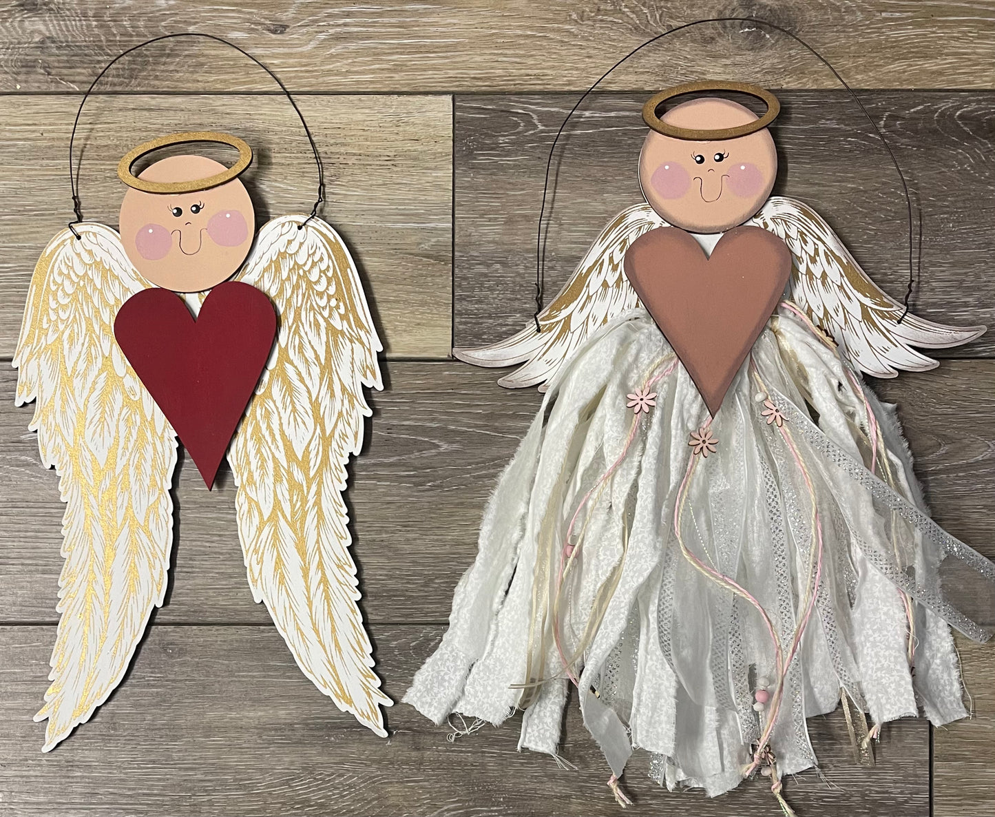 Two Angels hanging - wood pieces and wire - unpainted wood cutouts, ready for you to paint, fabric and ribbon not included
