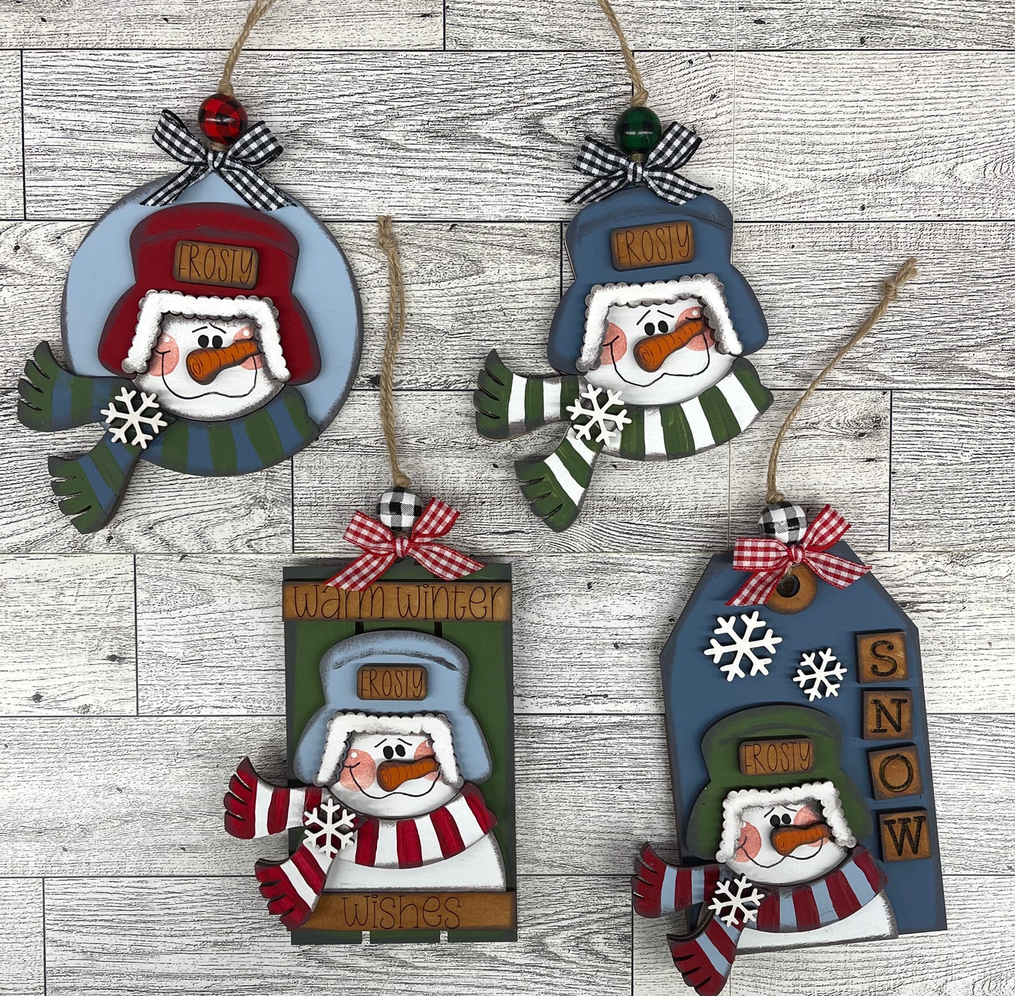 Snowman With Flap Hats Christmas Ornaments  set of 4 - unpainted cutouts, ready for you to paint