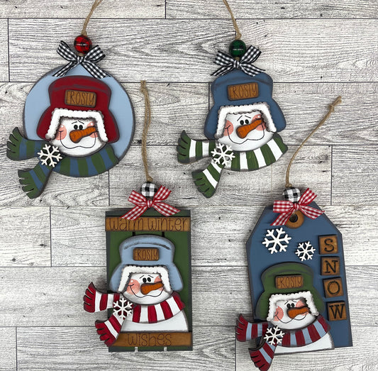 Snowman With Flap Hats Christmas Ornaments  set of 4 - unpainted cutouts, ready for you to paint