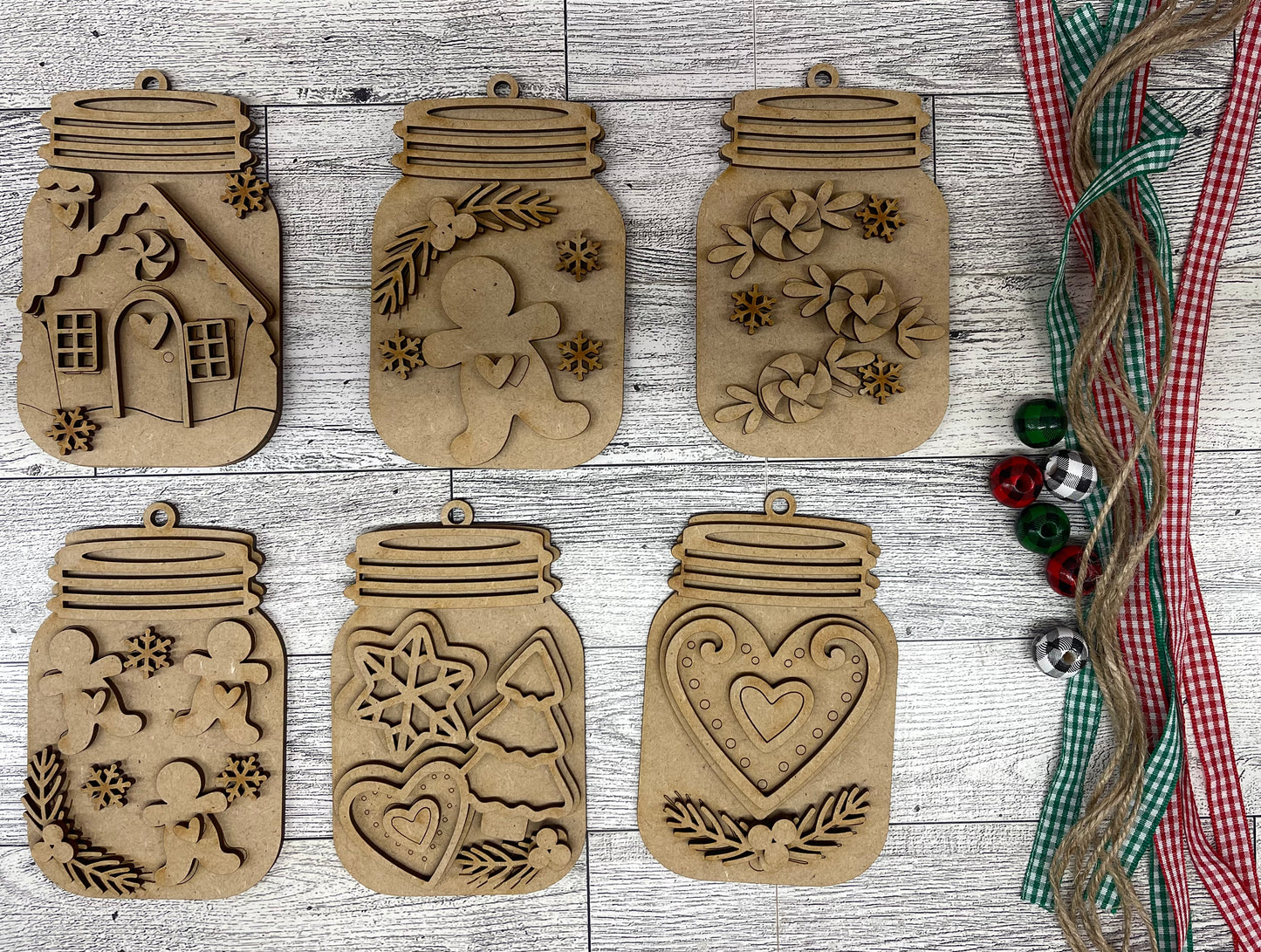 $12.00 Tuesday - Gingerbread Mason Jar Ornaments - set of 6 cutouts ready for you to finish - truck sold separately