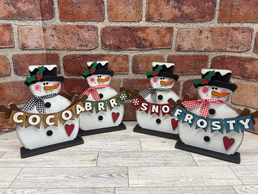 Snowman holding banners- Brr, Frosty, Cocoa cutouts, unpainted wooden cutout, ready for you to paint