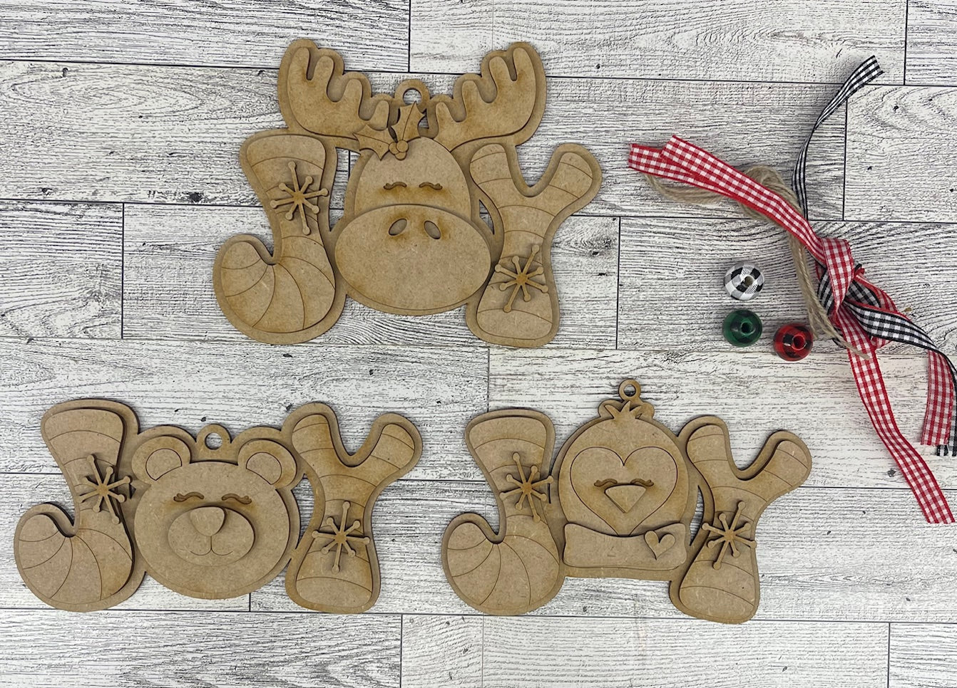 JOY Moose, Bear & Penguin Christmas Ornaments Set of 3 unpainted cutouts - ready to paint