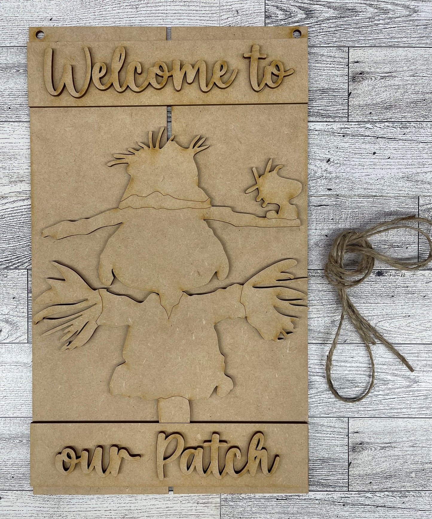 Welcome to our Patch Pallet Sign - Snoopy Scarecrow - Peanuts Gang Cutout unpainted wood ready for you to paint