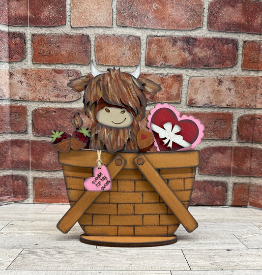 Painted Valentines Highland Cow Basket Insert, insert only, basket not included