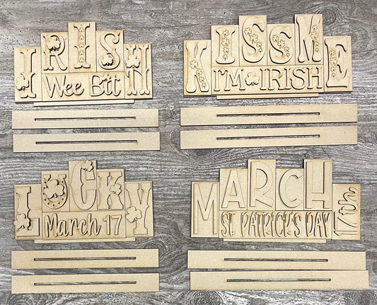 St. Patrick's Day word standers- wood pieces, unpainted wood cutouts, ready for you to paint