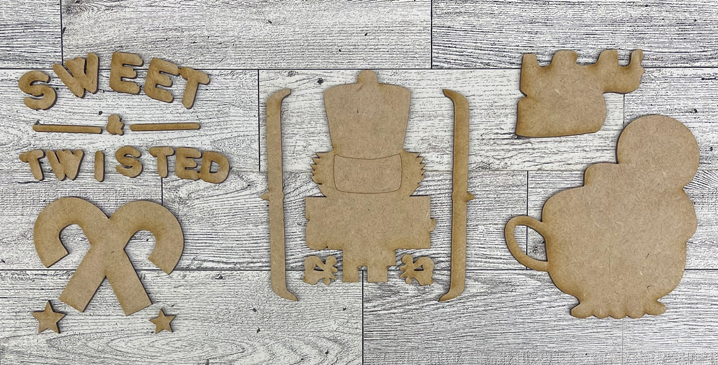 Sweet & Twisted - Gingerbread Cocoa, Nutcracker & Candy Cane cutouts - unpainted wooden cutouts, ready for you to paint