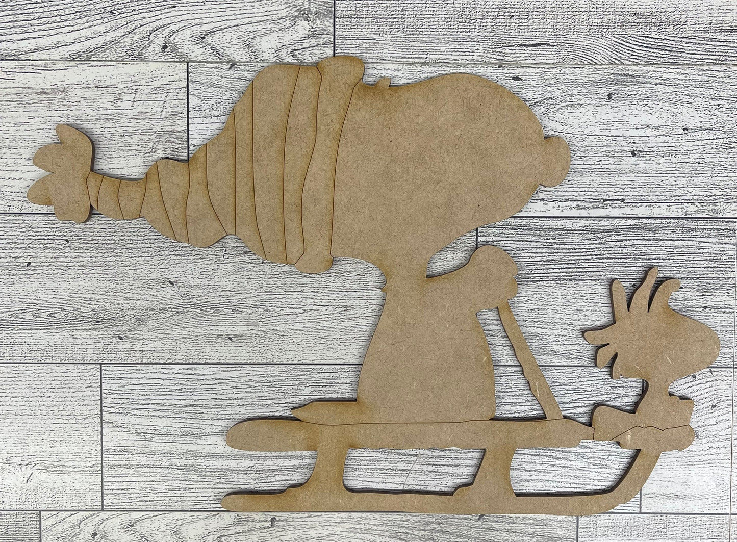 Snoopy & Woodstock on Sled - Peanuts Gang Cutout unpainted wood ready for you to paint