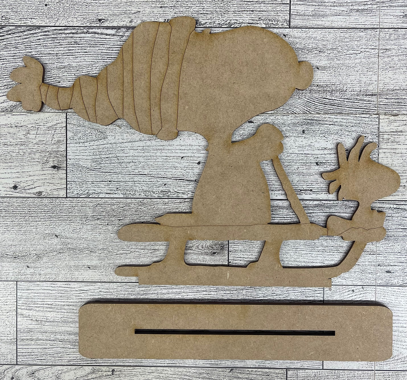 Snoopy & Woodstock on Sled - Peanuts Gang Cutout unpainted wood ready for you to paint