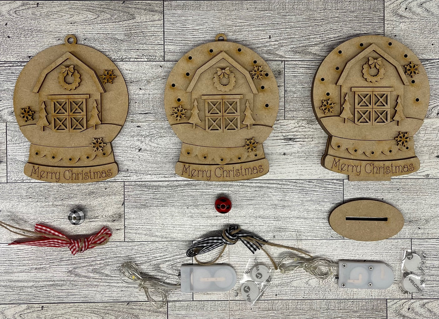 Christmas Barn - lighted Christmas Globe Ornament or Stander - unpainted wood cutouts, ready for you to paint