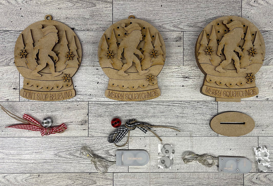 Bigfoot - Sasquatch lighted Christmas Globe Ornament or Stander - unpainted wood cutouts, ready for you to paint