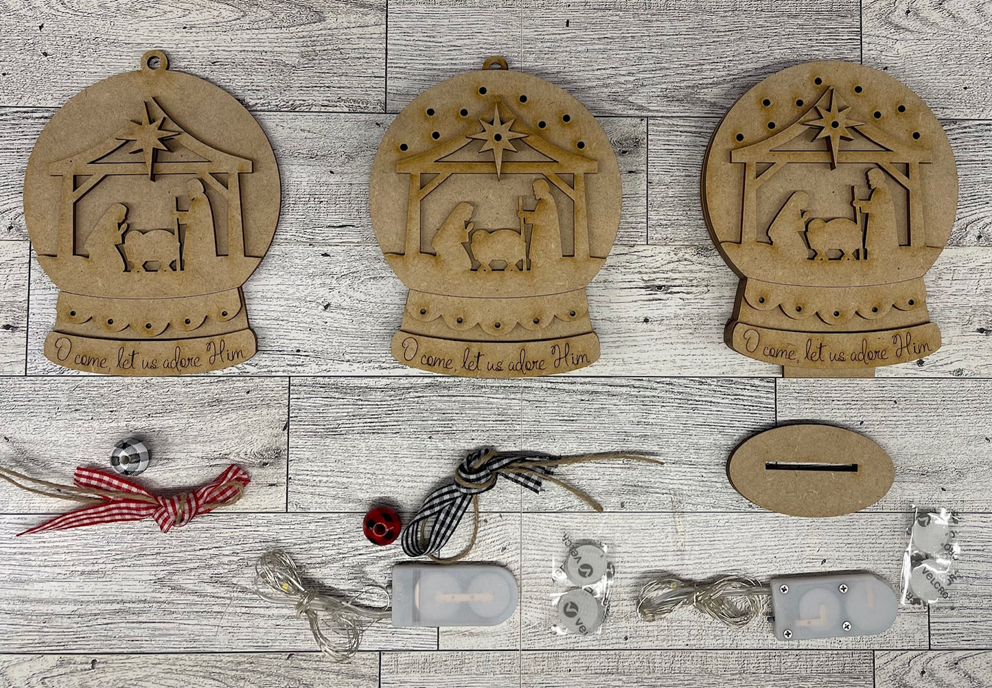 Nativity lighted Christmas Globe Ornament or Stander - unpainted wood cutouts, ready for you to paint