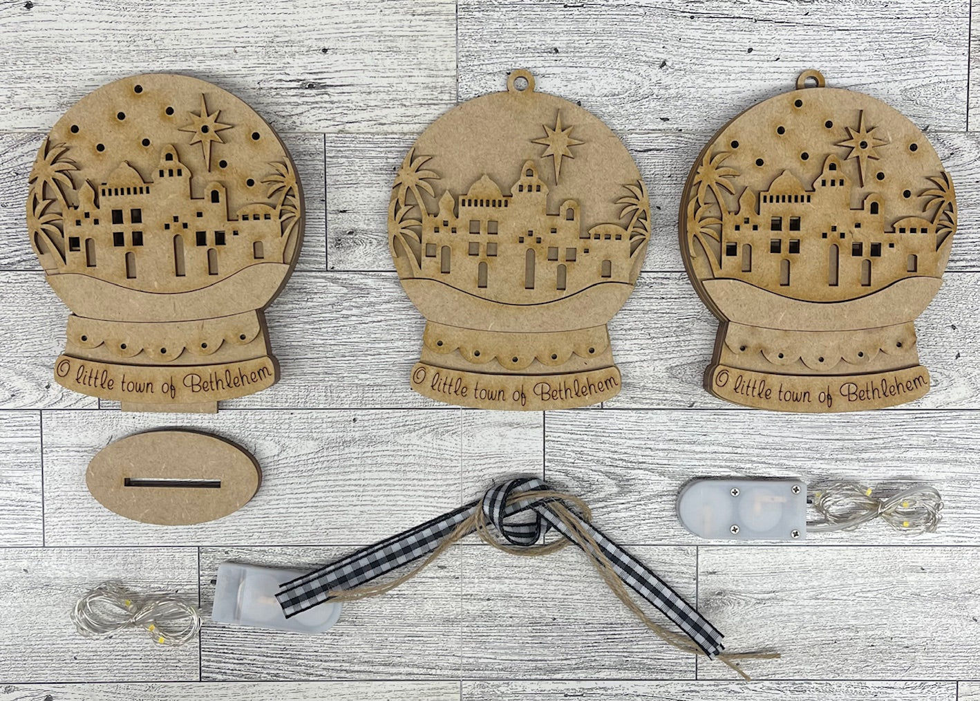 Bethlehem - lighted Christmas Globe Ornament or Stander - unpainted wood cutouts, ready for you to paint