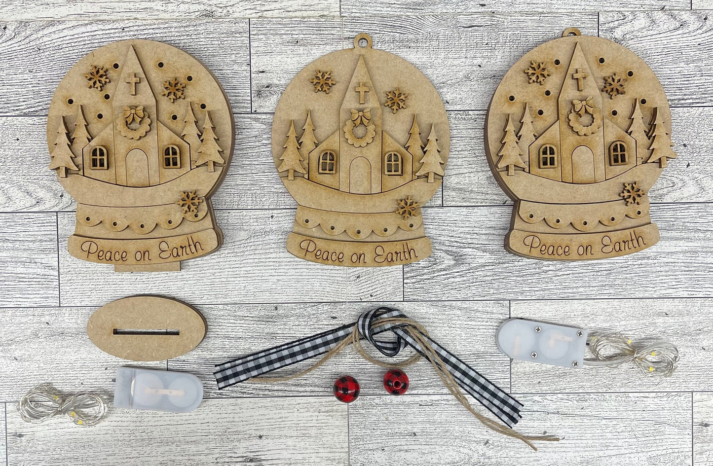 Church - lighted Christmas Globe Ornament or Stander - unpainted wood cutouts, ready for you to paint