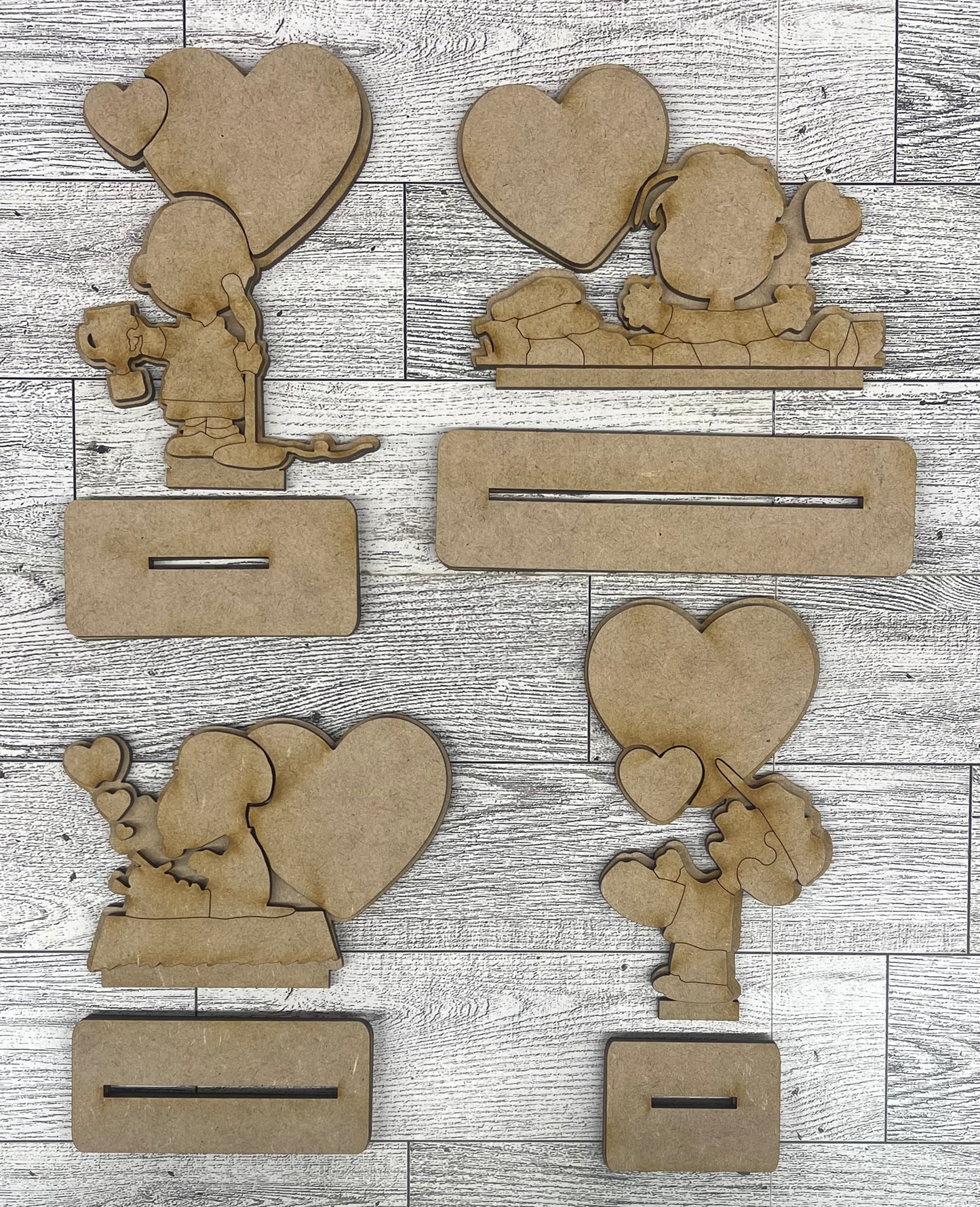 Peanuts Valentines and Standers Cutouts set of 4 unpainted wood ready for you to paint
