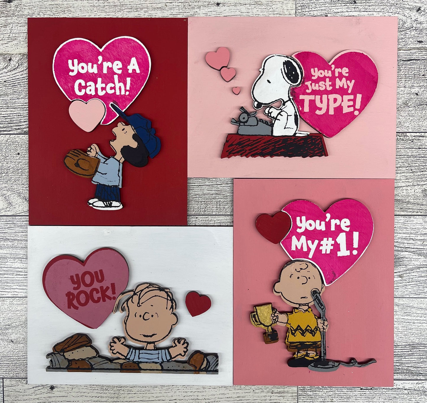 Peanuts Valentines and Standers Cutouts set of 4 unpainted wood ready for you to paint