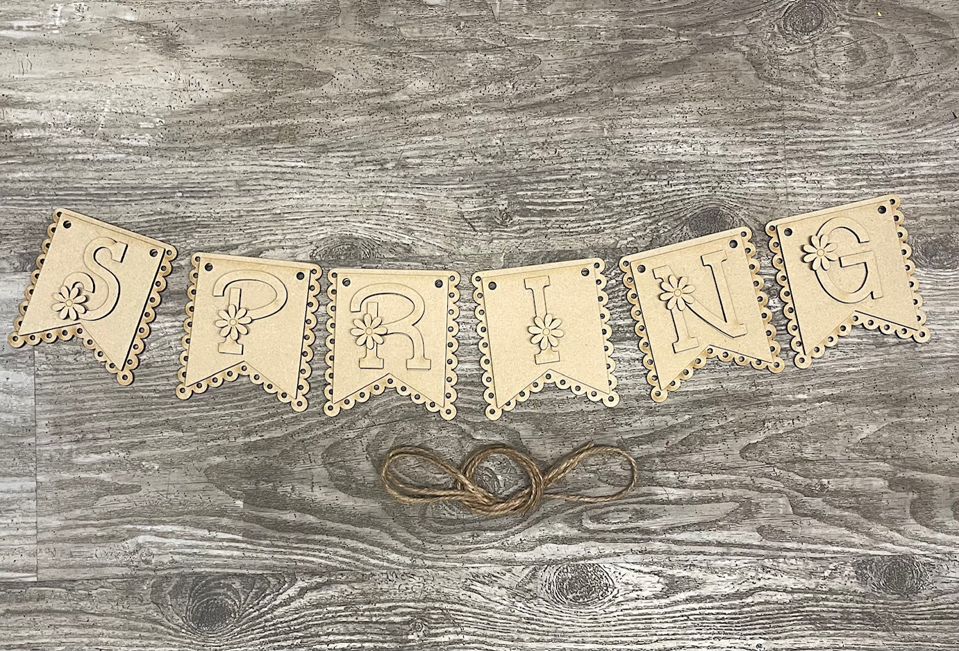 Spring banner Wood Cutouts unpainted ready for you to paint - with jute