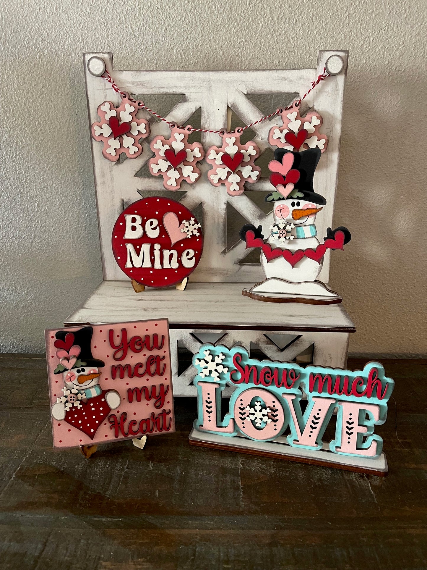 Painted Valentines Decor Set - for Bench or Tiered Tray - Bench not Included - 5 pieces