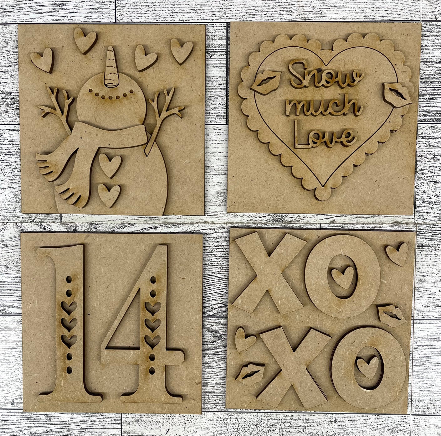 Snow Much Love Valentine's Snowman set of 4 Blocks for Leaning Ladder or frame ready for you paint