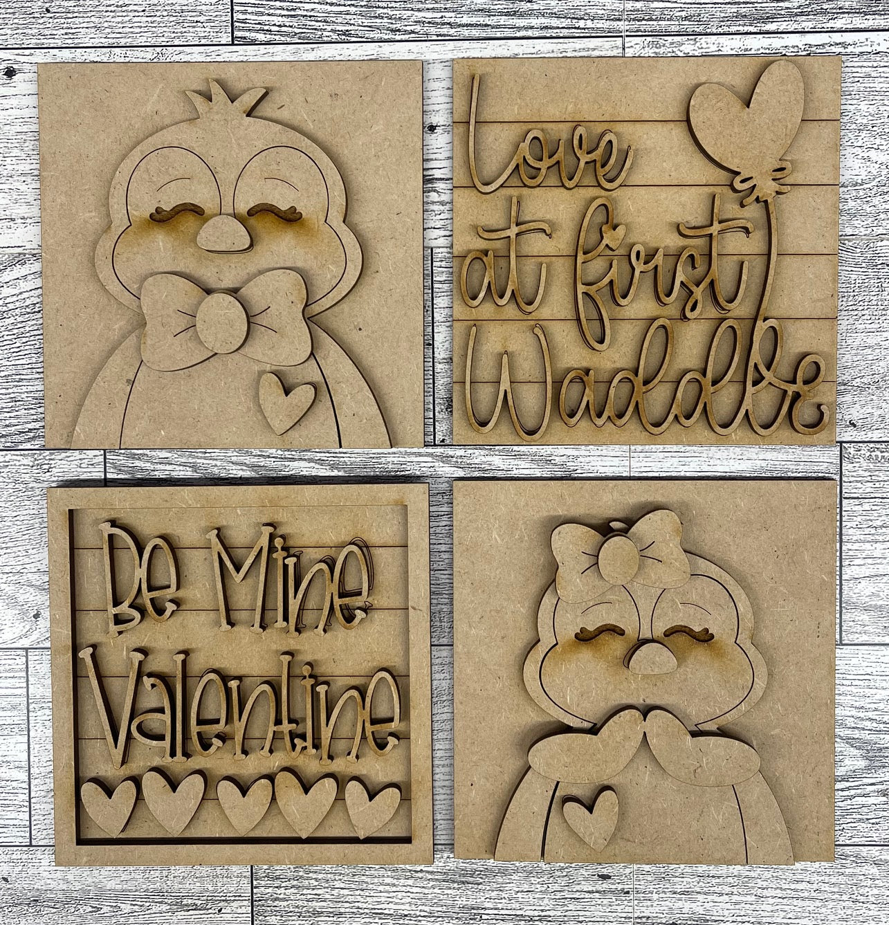 Love at first waddle Penguin set of 4 Blocks for Leaning Ladder or frame ready for you paint