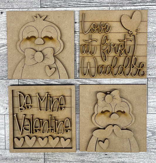 Love at first waddle Penguin set of 4 Blocks for Leaning Ladder or frame ready for you paint