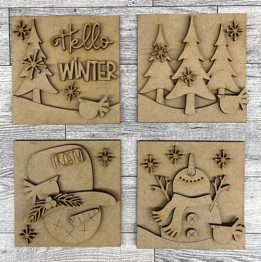 Hello Winter Snowman set of 4 Blocks for Leaning Ladder or frame ready for you paint