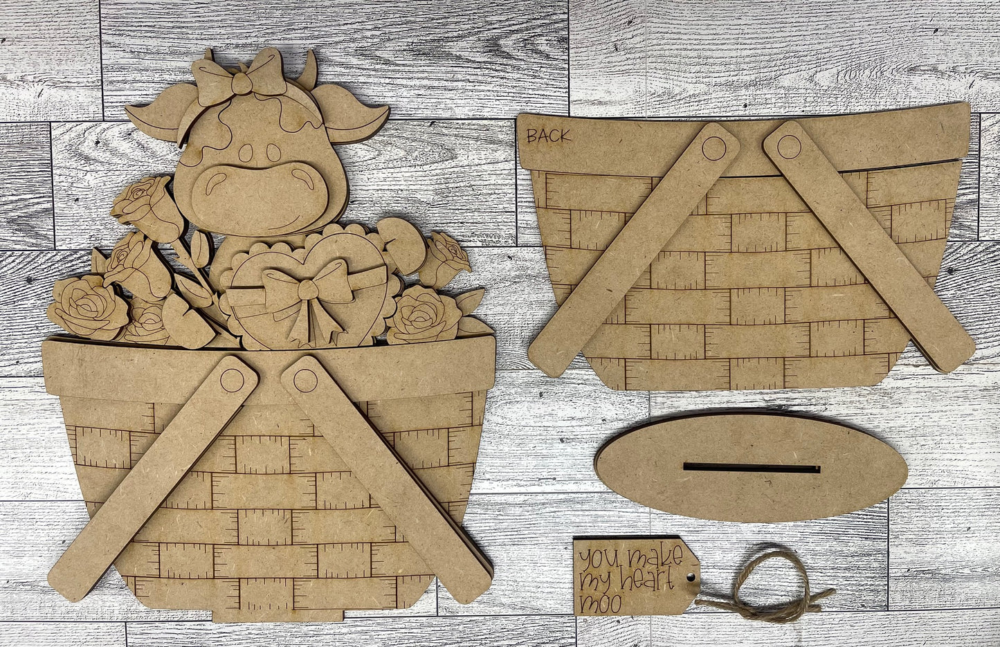 Valentine Dairy Cow Basket Insert Add-On - unpainted wood cutouts, ready for you to paint