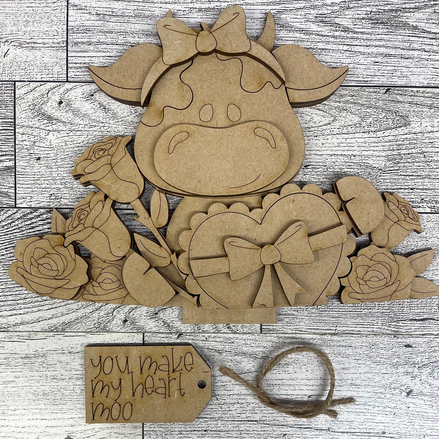 Valentine Dairy Cow Basket Insert Add-On - unpainted wood cutouts, ready for you to paint