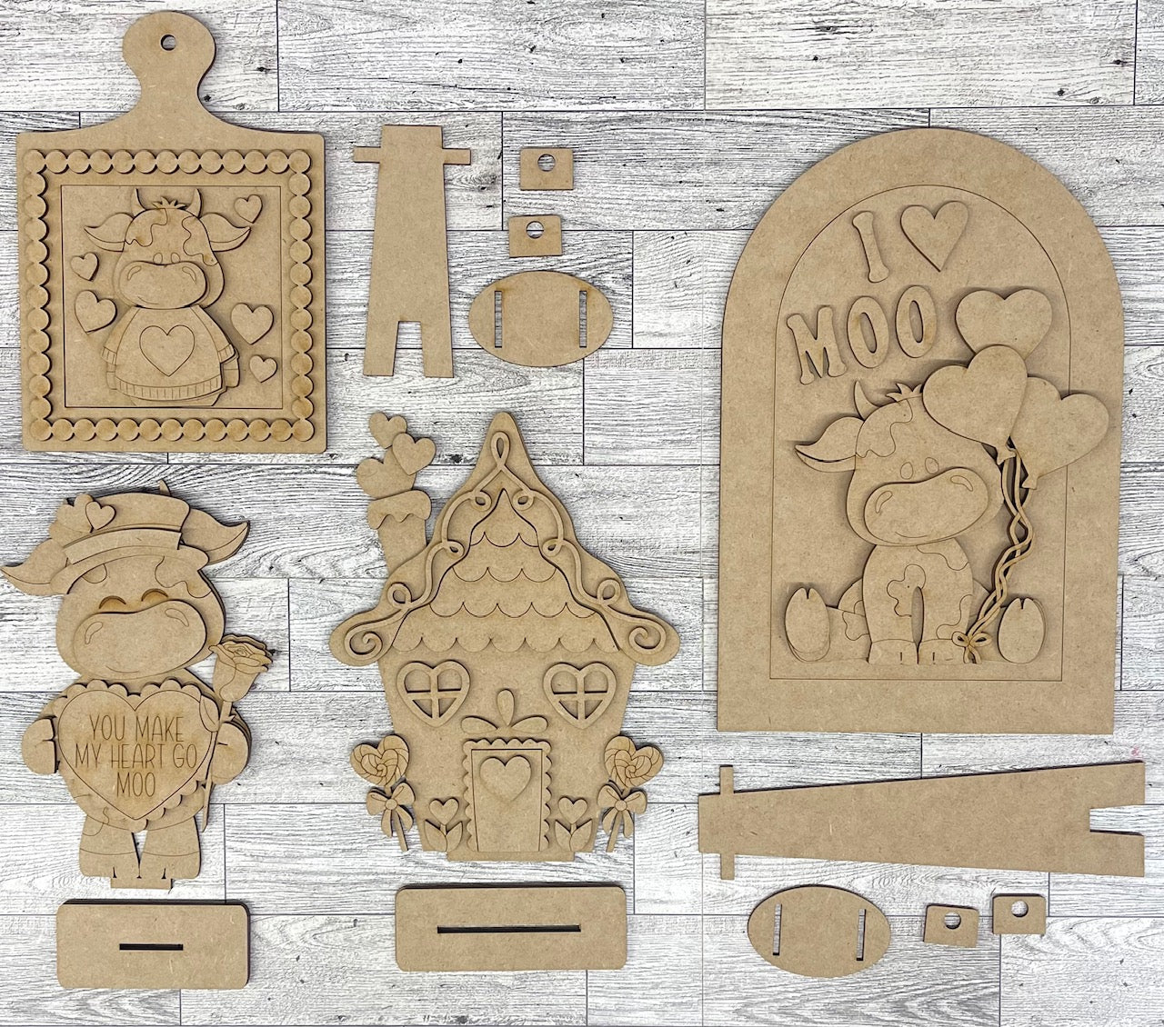 January Monthly Craft Kit - Valentine Dairy Cow themed - includes frame and plain arch or HOME arch frame - unpainted ready for you to finish