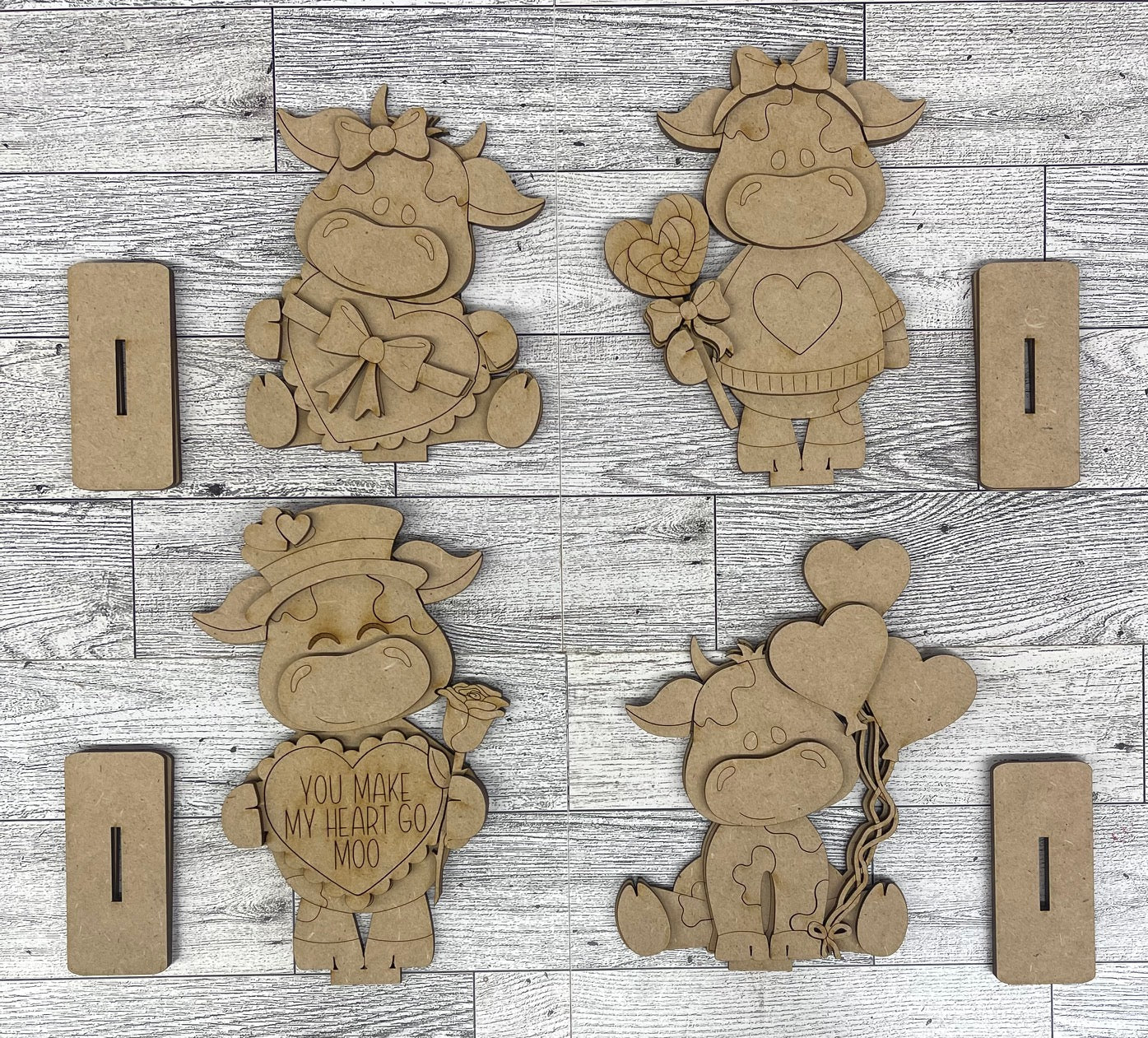 January Valentine Dairy Cow Standers - Add Ons - unpainted wood cutouts, ready for you to paint