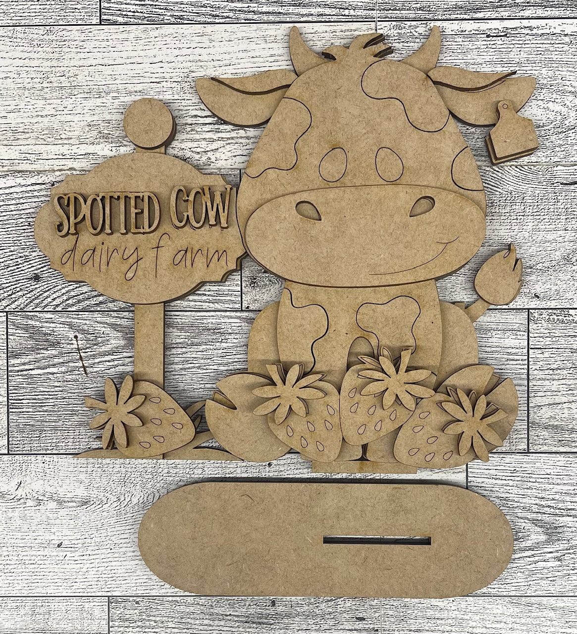 Dairy Cow with Strawberries stander - unpainted wood cutouts, ready for you to paint