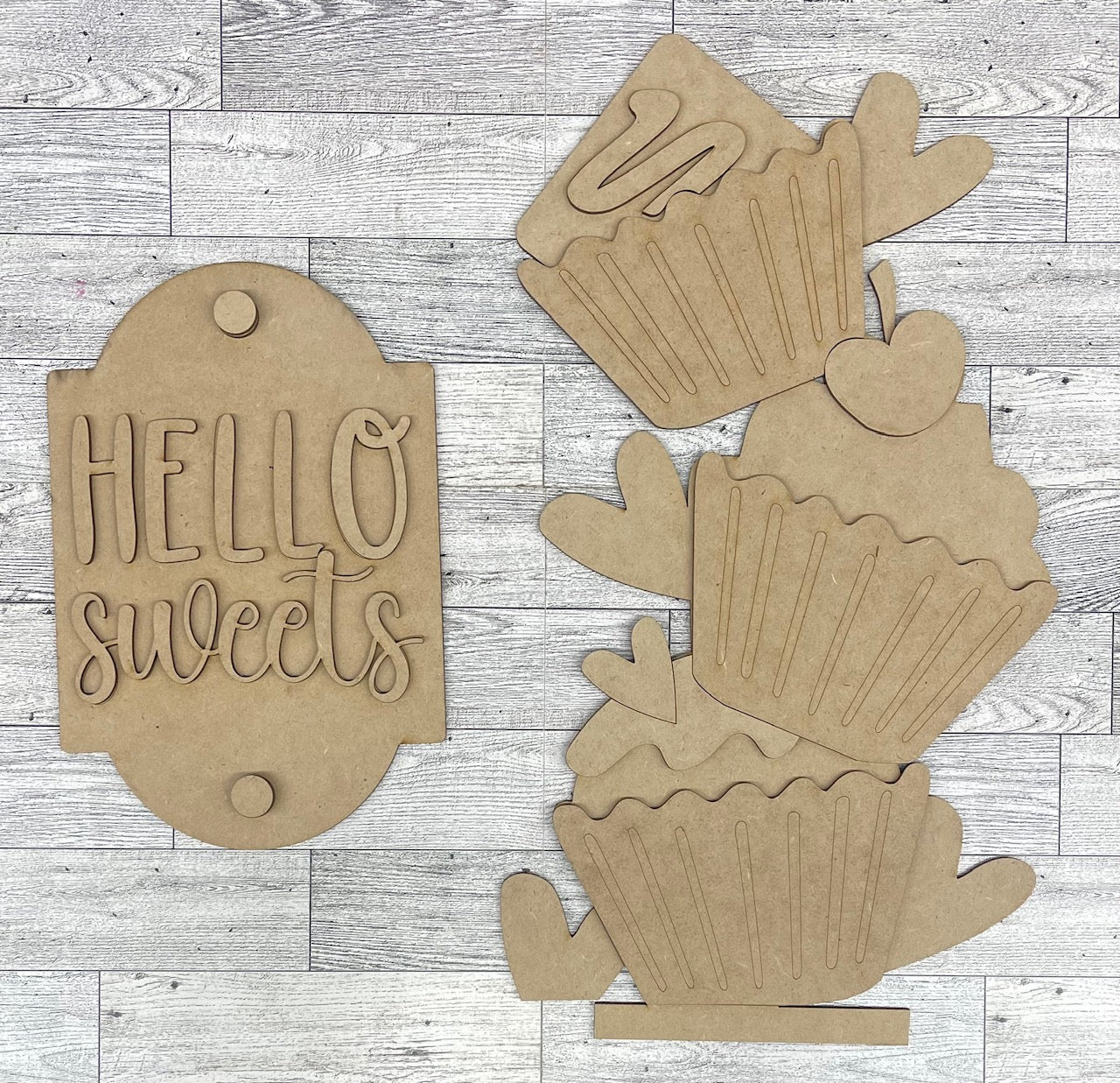 Valentines Cupcakes Bucket Porch Leaner insert only - Unpainted wood cutouts ready for you to finish