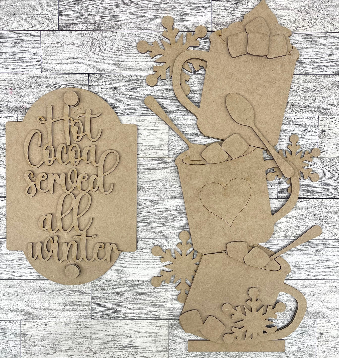 Winter Hot Cocoa Bucket Porch Leaner insert only - Unpainted wood cutouts ready for you to finish