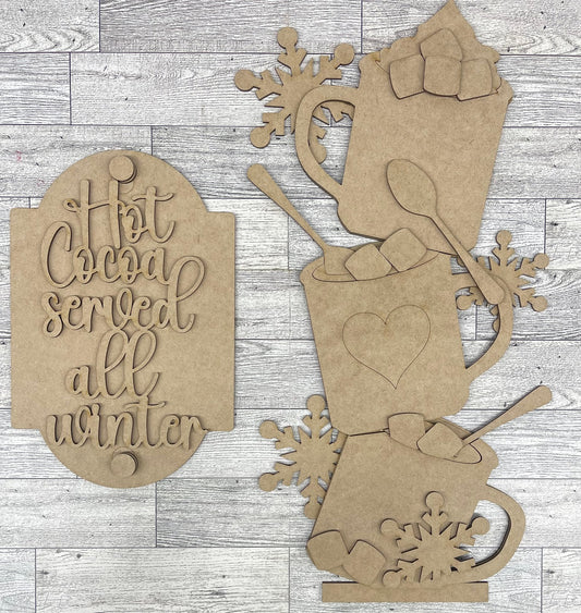 Winter Hot Cocoa Bucket Porch Leaner insert only - Unpainted wood cutouts ready for you to finish
