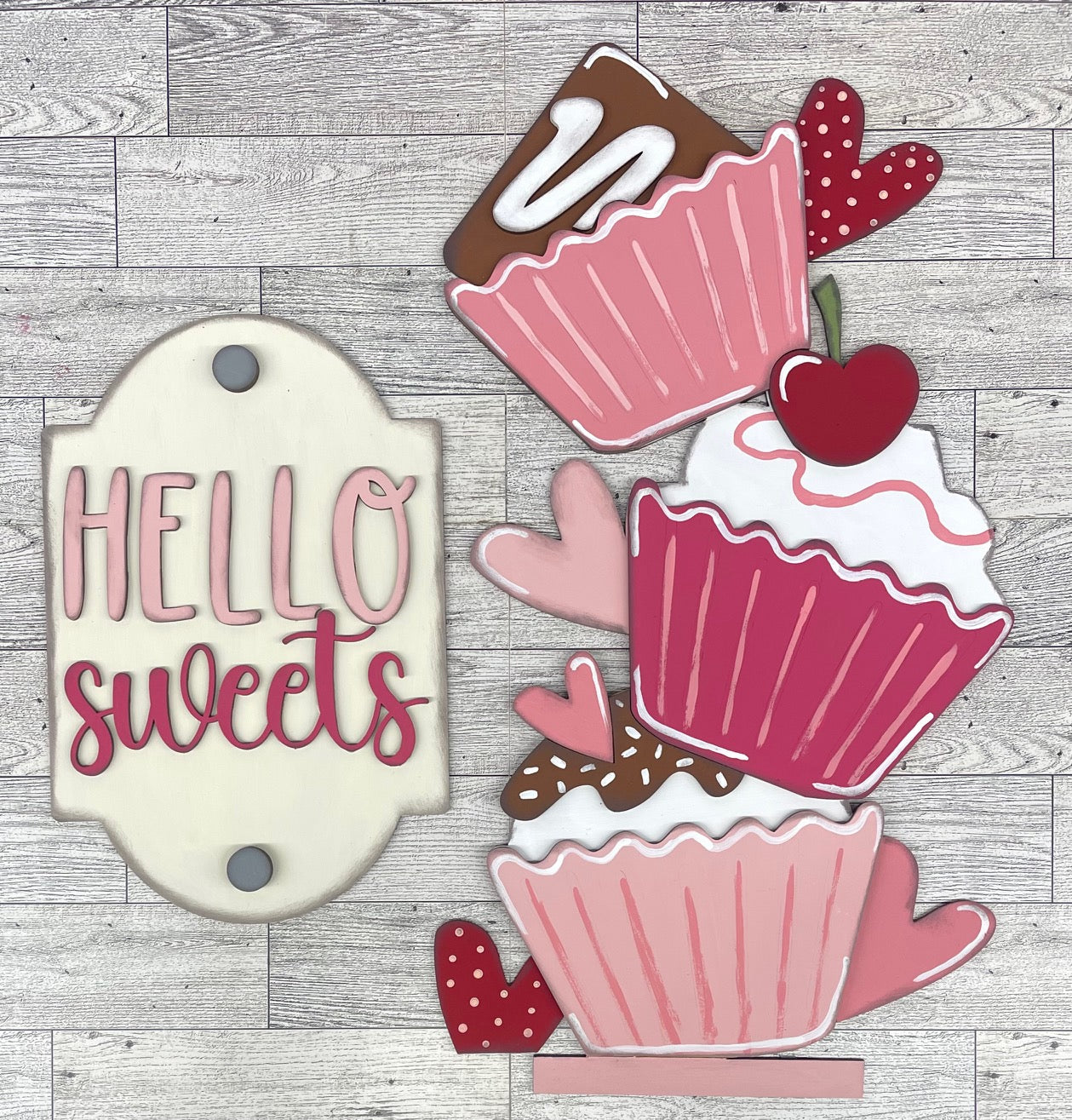 Valentines Cupcakes Bucket Porch Leaner insert only - Unpainted wood cutouts ready for you to finish