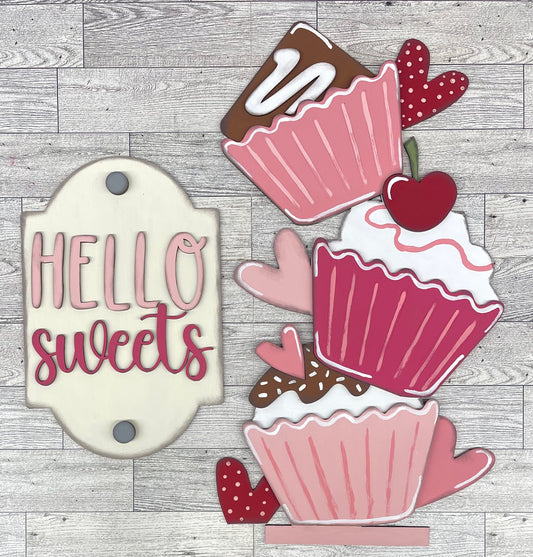 Valentines Cupcakes Bucket Porch Leaner insert only - Unpainted wood cutouts ready for you to finish