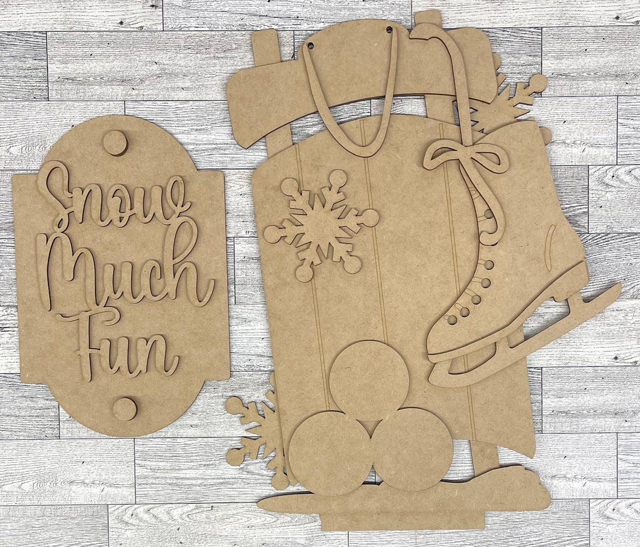 Winter Sled & Ice Skate Bucket Porch Leaner insert only - Unpainted wood cutouts ready for you to finish