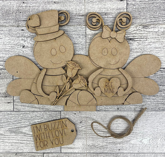 Valentine Bee Basket Insert - unpainted wood cutouts, ready for you to paint