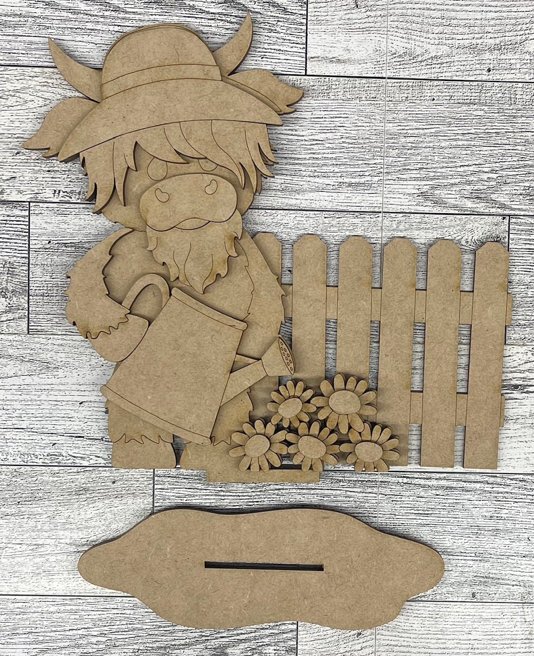 $5.00 Friday - Spring Highland Cow with Watering Can and Fence Stander - unpainted cutouts ready for you to finish