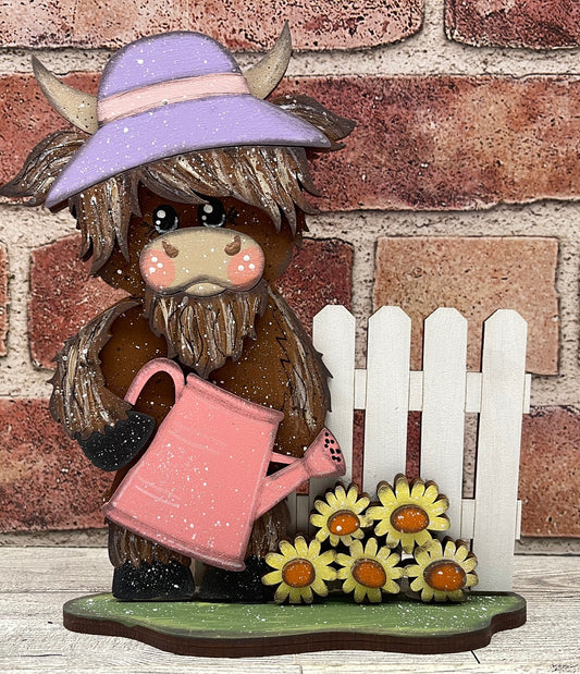 $5.00 Friday - Spring Highland Cow with Watering Can and Fence Stander - unpainted cutouts ready for you to finish